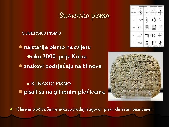 Sumersko pismo SUMERSKO PISMO l najstarije pismo na svijetu l oko 3000. prije Krista