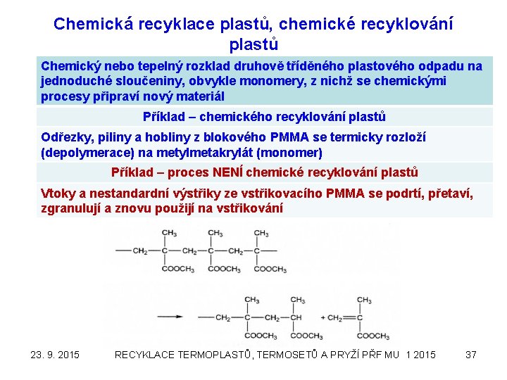 Chemická recyklace plastů, chemické recyklování plastů Chemický nebo tepelný rozklad druhově tříděného plastového odpadu
