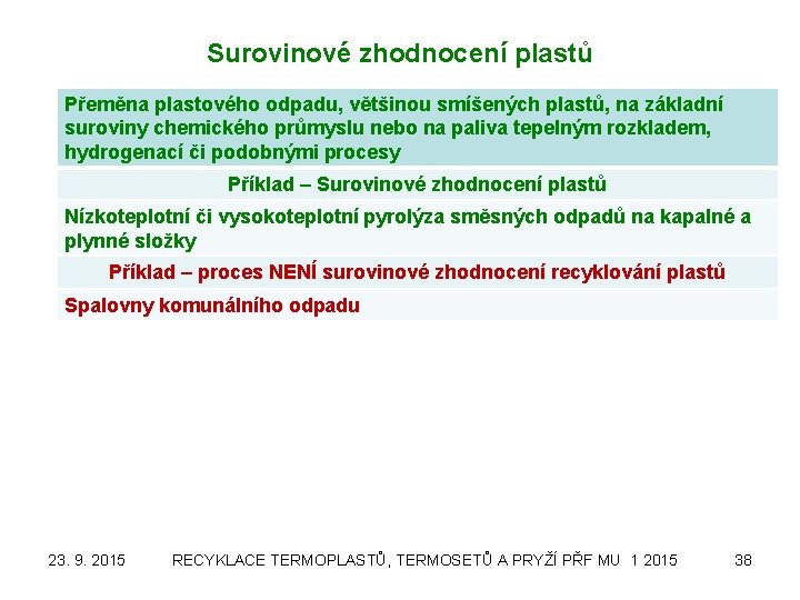 Surovinové zhodnocení plastů Přeměna plastového odpadu, většinou smíšených plastů, na základní suroviny chemického průmyslu