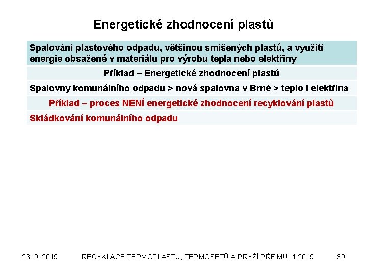 Energetické zhodnocení plastů Spalování plastového odpadu, většinou smíšených plastů, a využití energie obsažené v