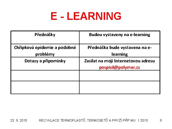 E - LEARNING Přednášky Budou vystaveny na e-learning Chřipková epidemie a podobné problémy Dotazy