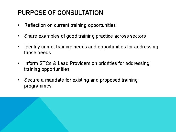 PURPOSE OF CONSULTATION • Reflection on current training opportunities • Share examples of good