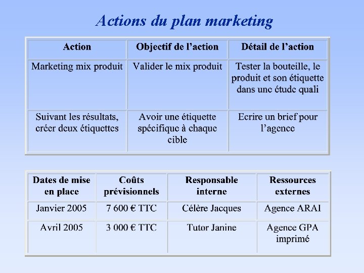 Actions du plan marketing 