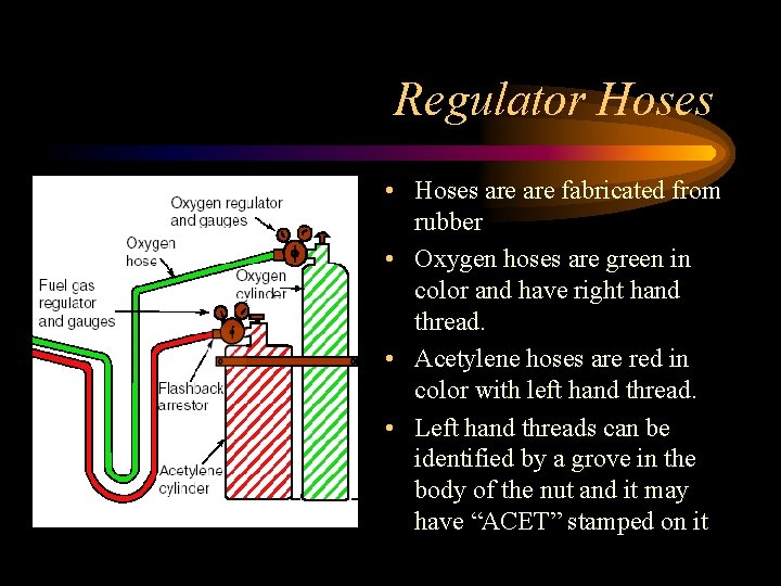 Regulator Hoses • Hoses are fabricated from rubber • Oxygen hoses are green in