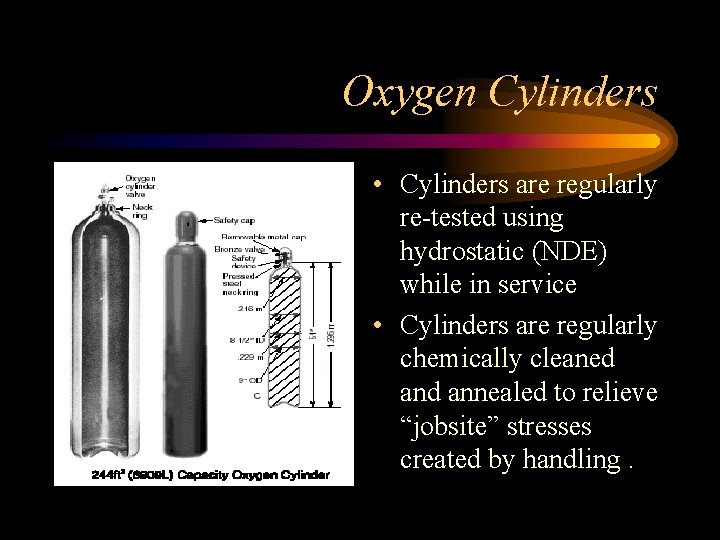 Oxygen Cylinders • Cylinders are regularly re-tested using hydrostatic (NDE) while in service •