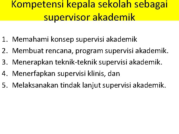 Kompetensi kepala sekolah sebagai supervisor akademik 1. 2. 3. 4. 5. Memahami konsep supervisi Kompetensi kepala sekolah sebagai supervisor akademik 1. 2. 3. 4. 5. Memahami konsep supervisi