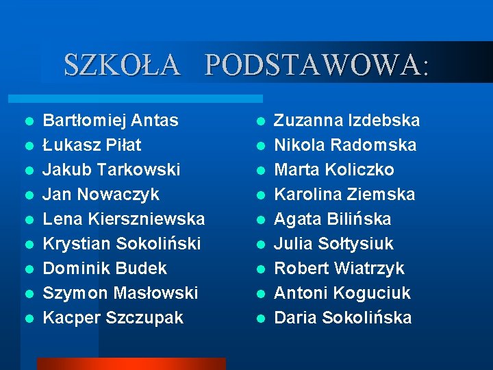 SZKOŁA PODSTAWOWA: l l l l l Bartłomiej Antas Łukasz Piłat Jakub Tarkowski Jan