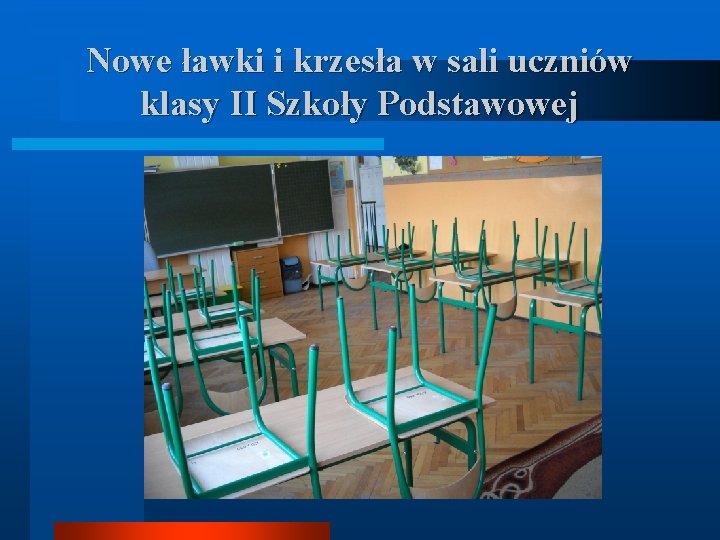 Nowe ławki i krzesła w sali uczniów klasy II Szkoły Podstawowej 