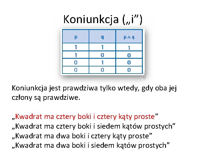 Koniunkcja („i”) Koniunkcja jest prawdziwa tylko wtedy, gdy oba jej człony są prawdziwe. „Kwadrat