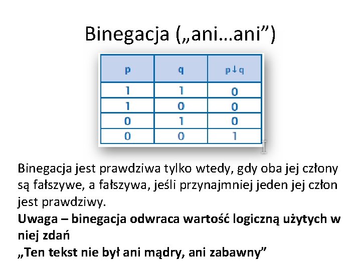 Binegacja („ani…ani”) Binegacja jest prawdziwa tylko wtedy, gdy oba jej człony są fałszywe, a