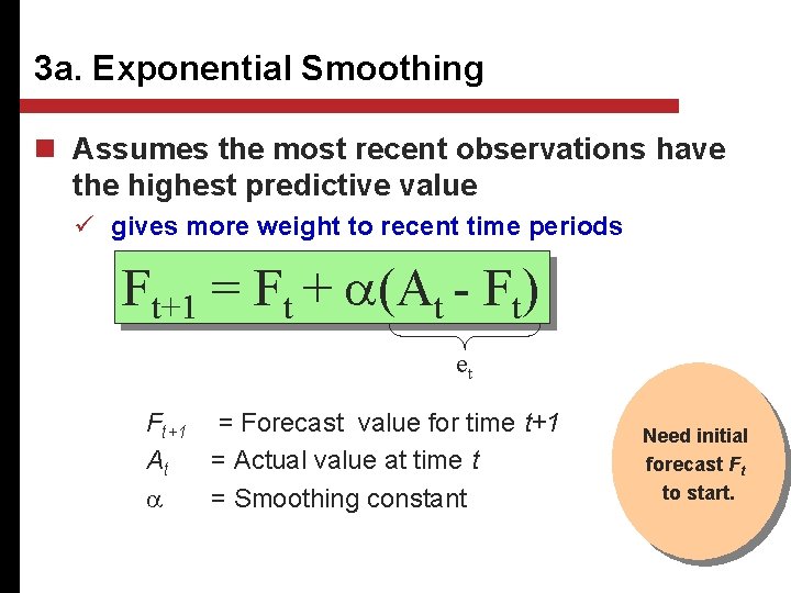 3 a. Exponential Smoothing n Assumes the most recent observations have the highest predictive