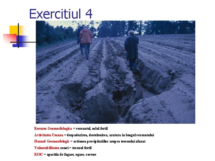 Exercitiul 4 Resursa Geomorfologica = versantul, solul fertil Activitatea Umana = despadurirea, destelenirea, aratura
