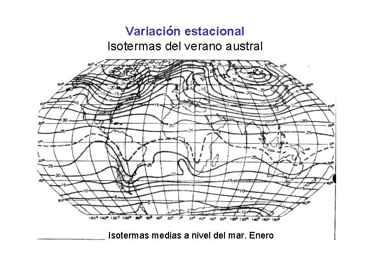 Variación estacional Isotermas del verano austral Isotermas medias a nivel del mar. Enero 