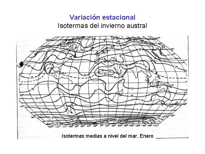 Variación estacional Isotermas del invierno austral Isotermas medias a nivel del mar. Enero 