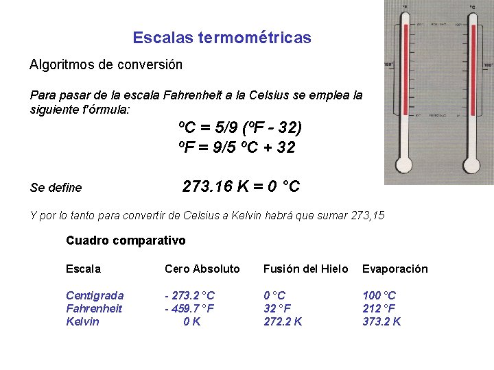 Escalas termométricas Algoritmos de conversión Para pasar de la escala Fahrenheit a la Celsius