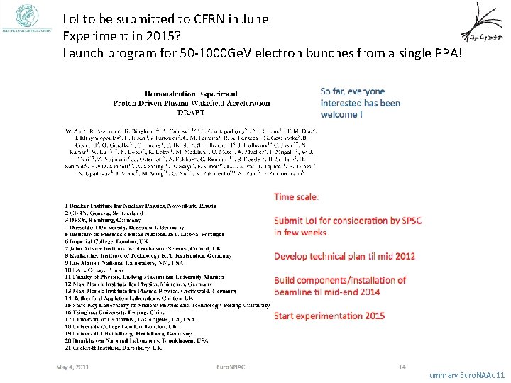 Lo. I to be submitted to CERN in June Experiment in 2015? Launch program