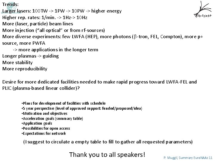 Trends: Larger lasers: 100 TW -> 1 PW -> 10 PW -> higher energy