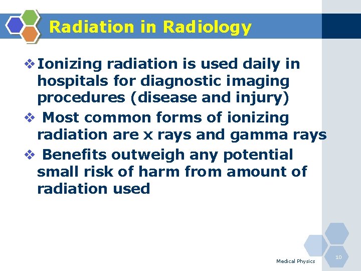 Radiation in Radiology v Ionizing radiation is used daily in hospitals for diagnostic imaging
