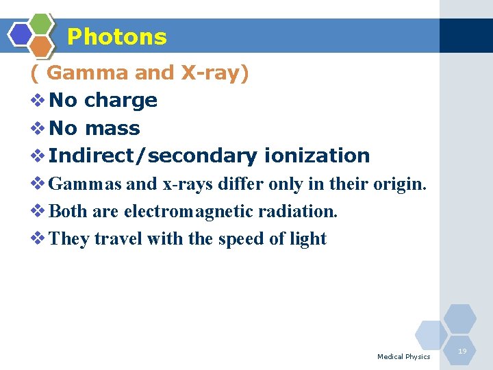 Photons ( Gamma and X-ray) v No charge v No mass v Indirect/secondary ionization