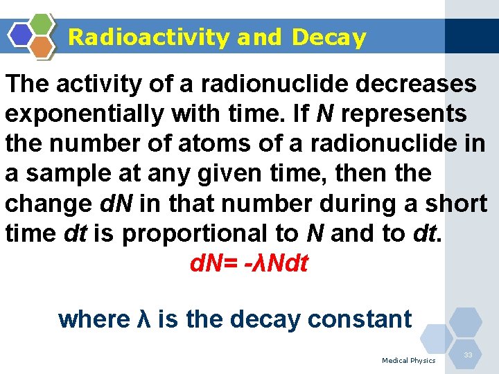 Radioactivity and Decay The activity of a radionuclide decreases exponentially with time. If N