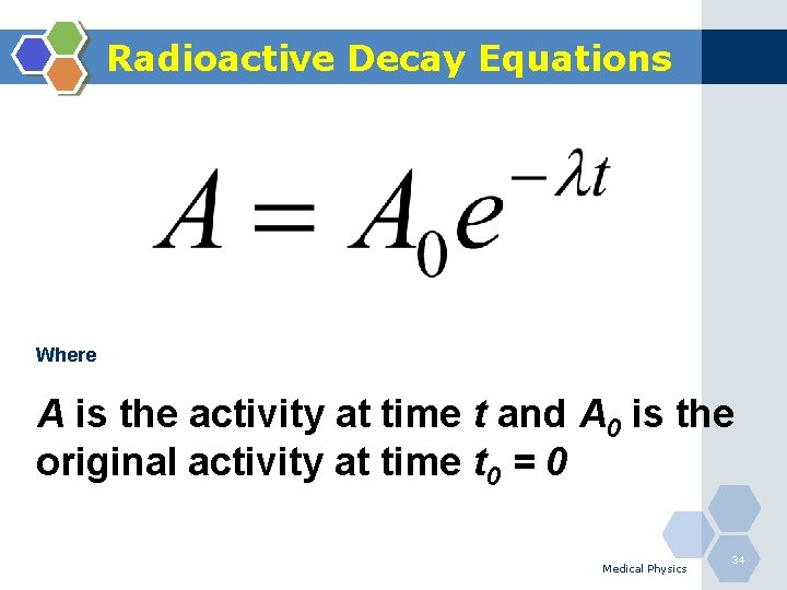 Radioactive Decay Equations Where A is the activity at time t and A 0