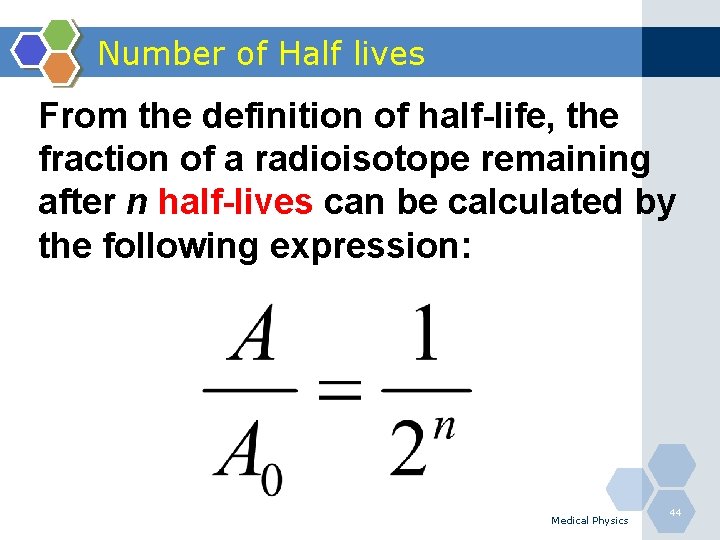 Number of Half lives From the definition of half-life, the fraction of a radioisotope