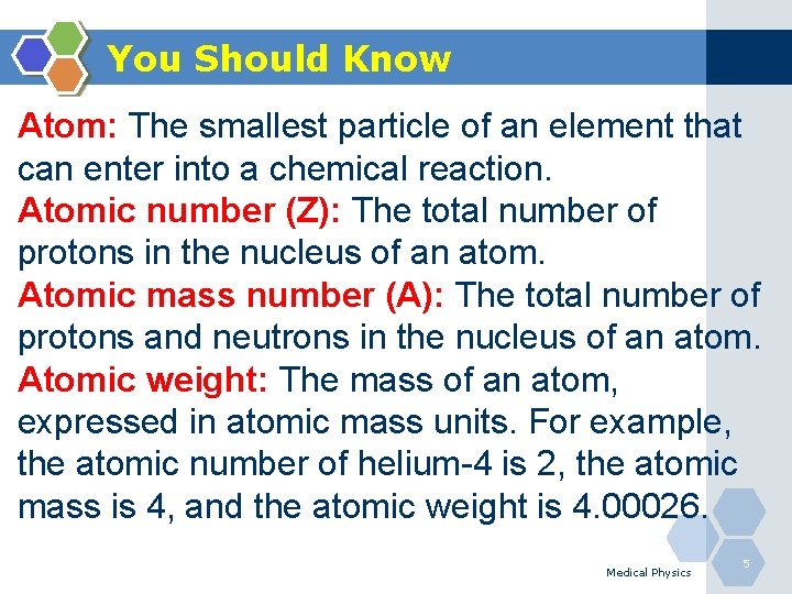 You Should Know Atom: The smallest particle of an element that can enter into