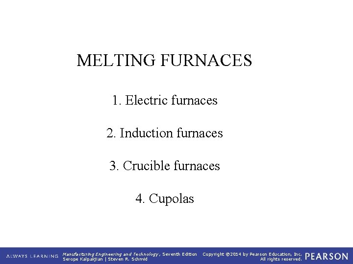 MELTING FURNACES 1. Electric furnaces 2. Induction furnaces 3. Crucible furnaces 4. Cupolas Manufacturing