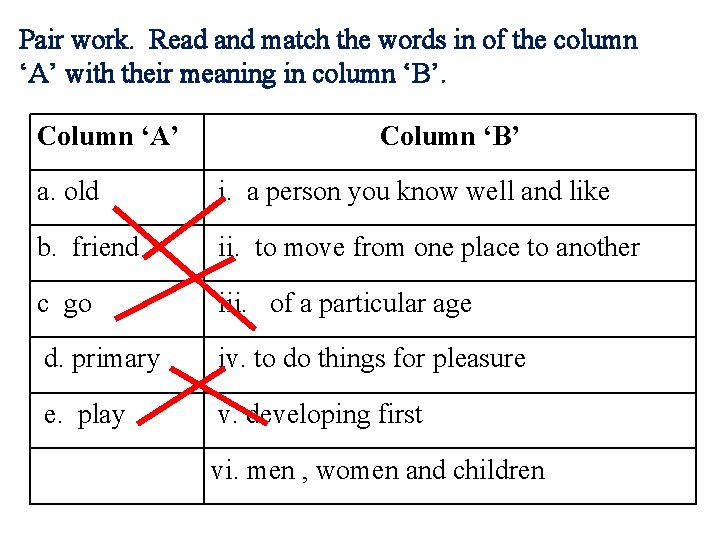 Pair work. Read and match the words in of the column ‘A’ with their