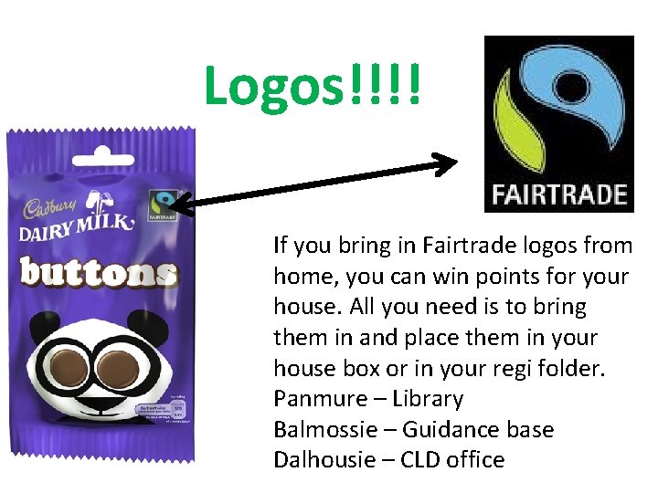 Logos!!!! If you bring in Fairtrade logos from home, you can win points for