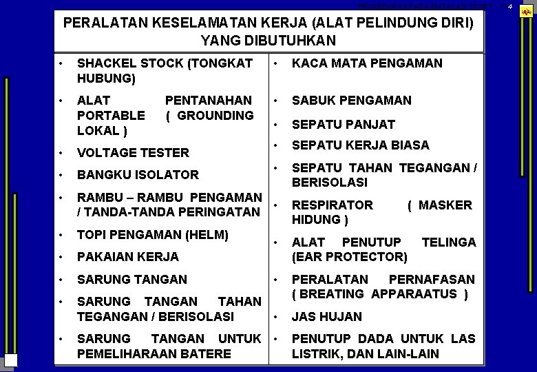 PROSEDUR K 3 PADA INSTALASI TT/TET - 174 PERALATAN KESELAMATAN KERJA (ALAT PELINDUNG DIRI)