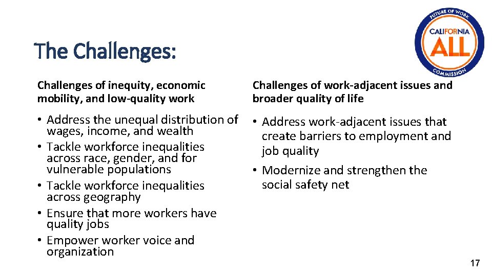 The Challenges: Challenges of inequity, economic mobility, and low-quality work Challenges of work-adjacent issues