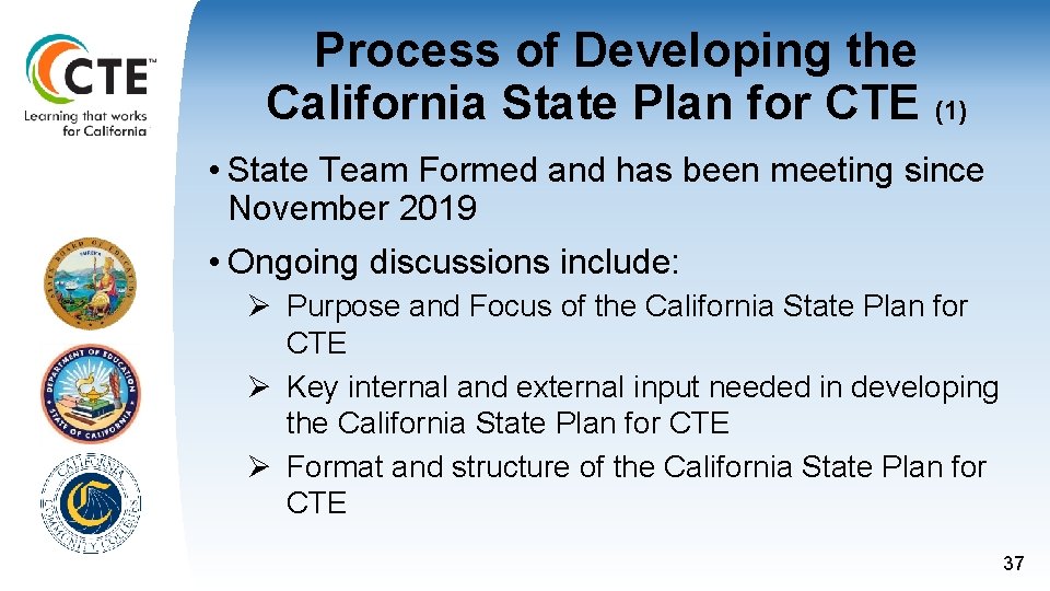 Process of Developing the California State Plan for CTE (1) • State Team Formed