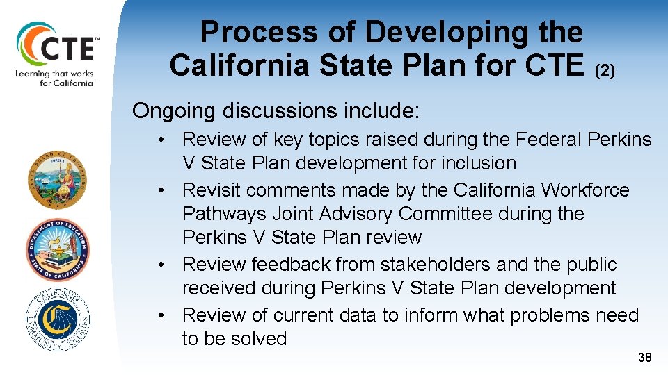 Process of Developing the California State Plan for CTE (2) Ongoing discussions include: •