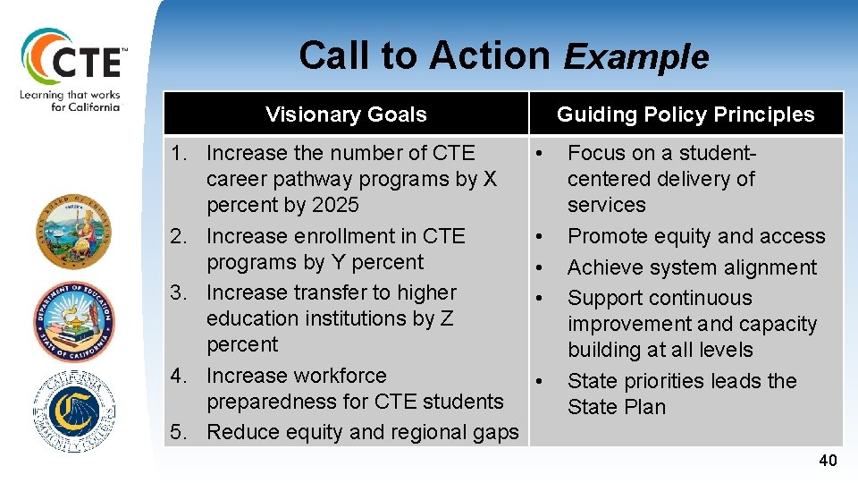 Call to Action Example Visionary Goals 1. Increase the number of CTE career pathway
