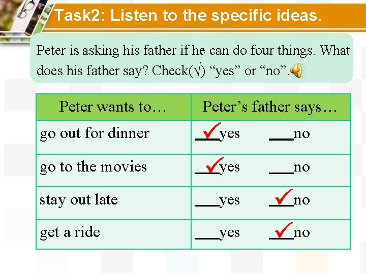 Task 2: Listen to the specific ideas. Peter is asking his father if he