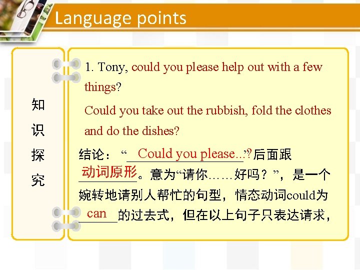 Language points 1. Tony, could you please help out with a few things? 知