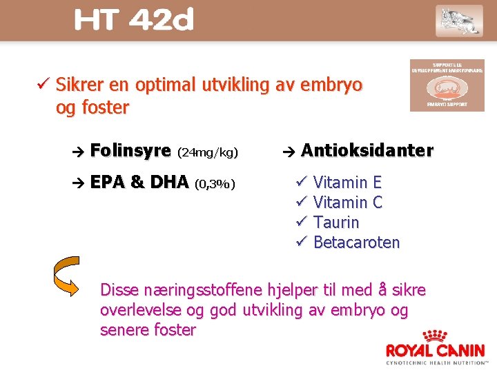  Sikrer en optimal utvikling av embryo og foster Folinsyre (24 mg/kg) EPA &