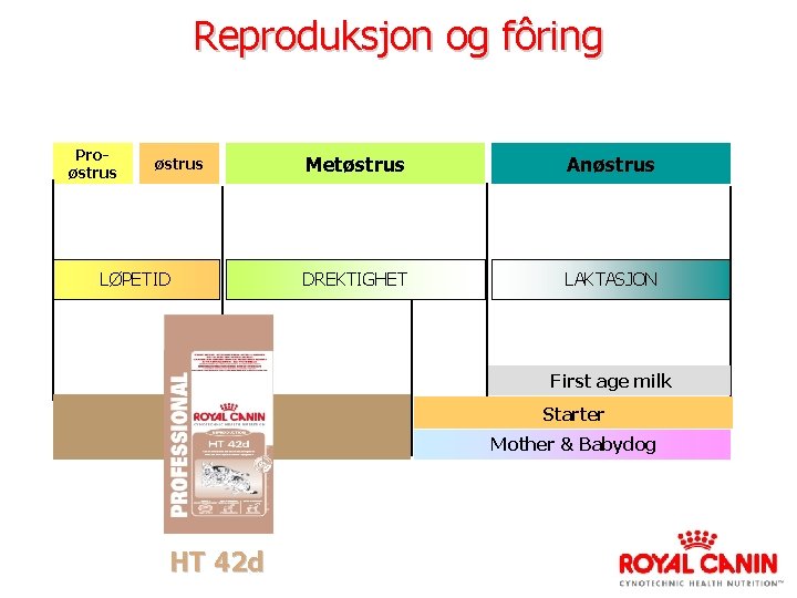 Reproduksjon og fôring Proøstrus LØPETID Metøstrus Anøstrus DREKTIGHET LAKTASJON First age milk Starter Mother