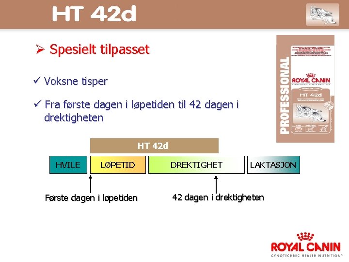  Spesielt tilpasset Voksne tisper Fra første dagen i løpetiden til 42 dagen i