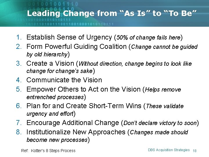 Leading Change from “As Is” to “To Be” 1. Establish Sense of Urgency (50% Leading Change from “As Is” to “To Be” 1. Establish Sense of Urgency (50%