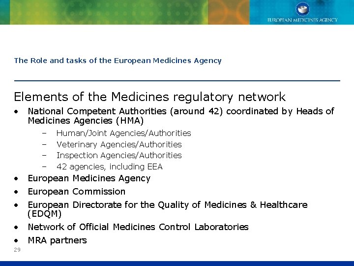 The Role and tasks of the European Medicines Agency Elements of the Medicines regulatory