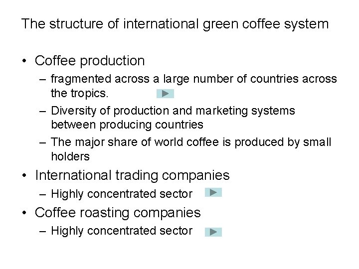 The structure of international green coffee system • Coffee production – fragmented across a