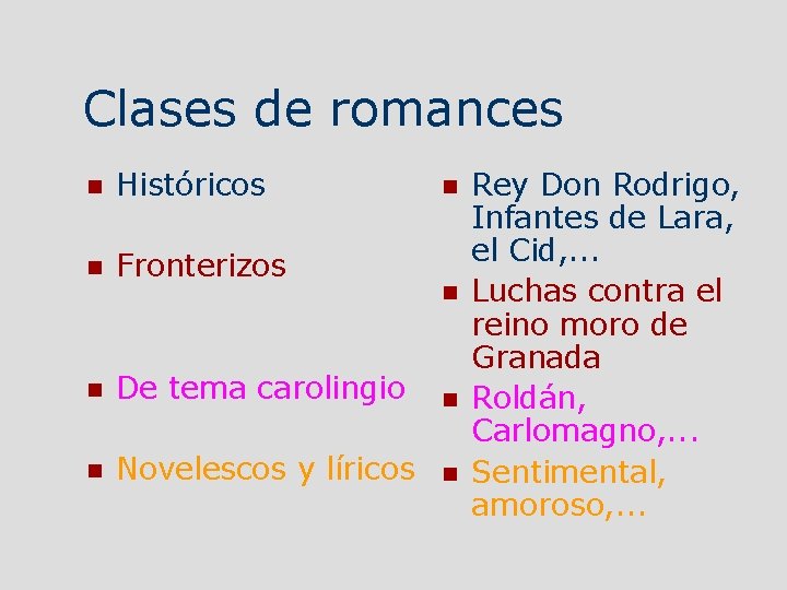 Clases de romances Históricos Fronterizos De tema carolingio Novelescos y líricos Rey Don Rodrigo,