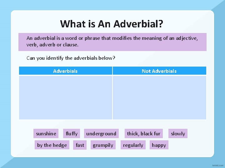 What is An Adverbial? An adverbial is a word or phrase that modifies the