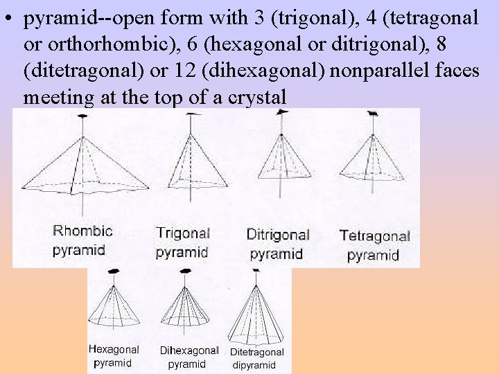  • pyramid--open form with 3 (trigonal), 4 (tetragonal or orthorhombic), 6 (hexagonal or