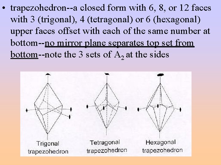  • trapezohedron--a closed form with 6, 8, or 12 faces with 3 (trigonal),
