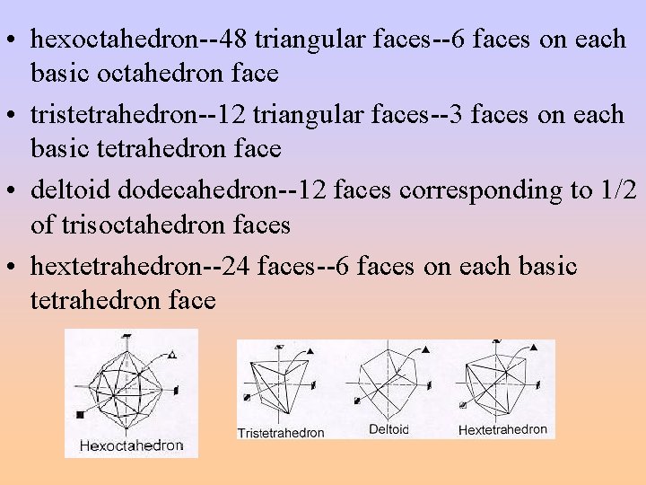  • hexoctahedron--48 triangular faces--6 faces on each basic octahedron face • tristetrahedron--12 triangular