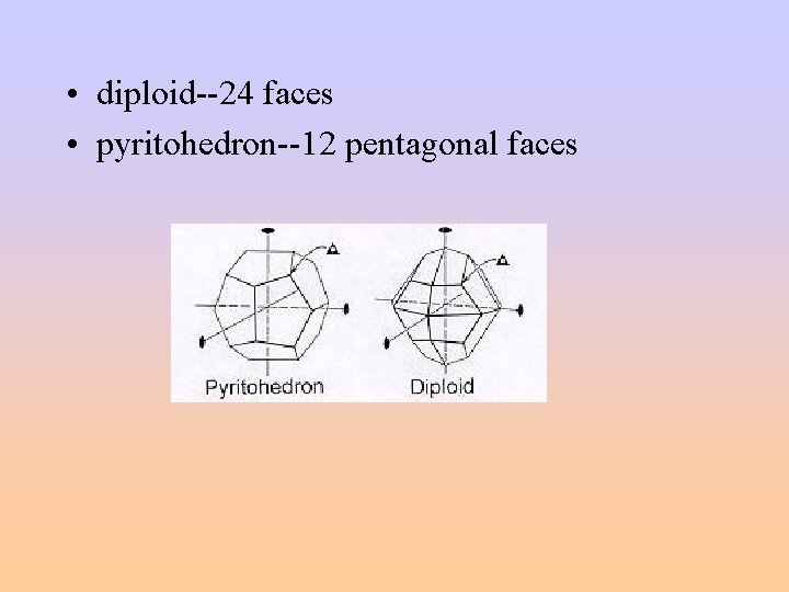 • diploid--24 faces • pyritohedron--12 pentagonal faces • diploid--24 faces • pyritohedron--12 pentagonal faces