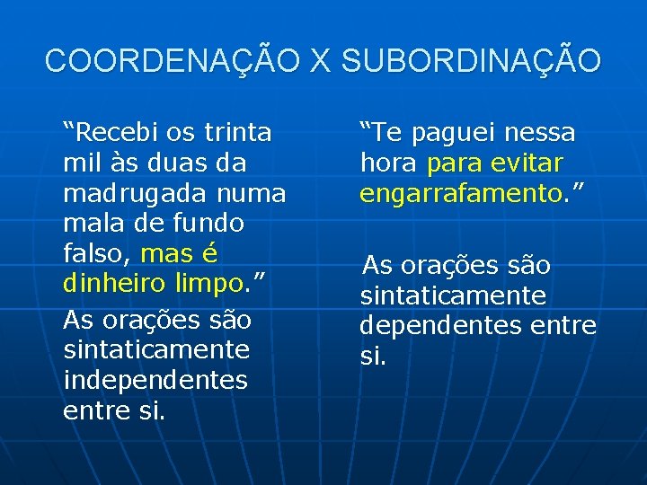 COORDENAÇÃO X SUBORDINAÇÃO “Recebi os trinta mil às duas da madrugada numa mala de COORDENAÇÃO X SUBORDINAÇÃO “Recebi os trinta mil às duas da madrugada numa mala de